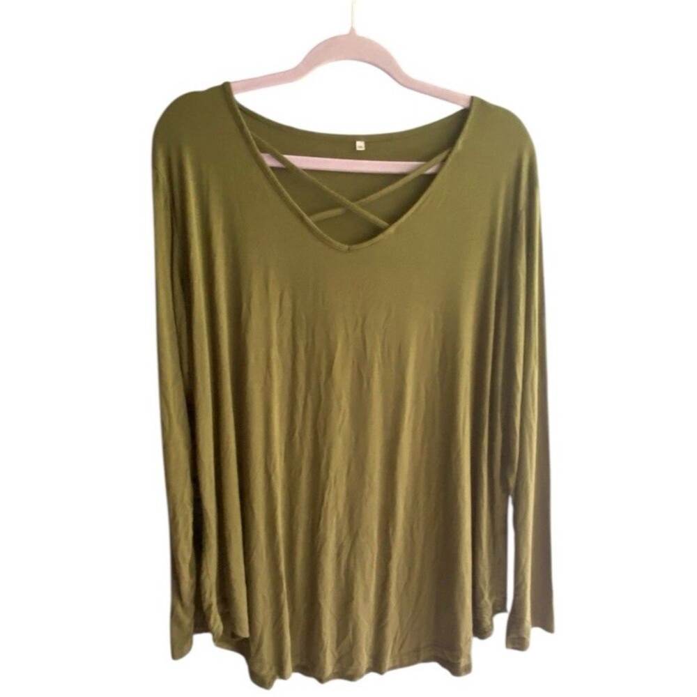 Women's Olive Green Tunic Top Super Soft Knit Criss Cross accent Size 2XL
